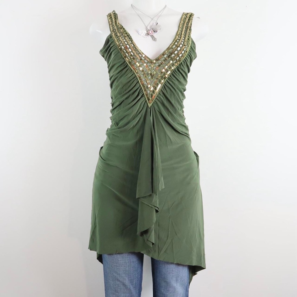 vintage olive green beaded draped dress M